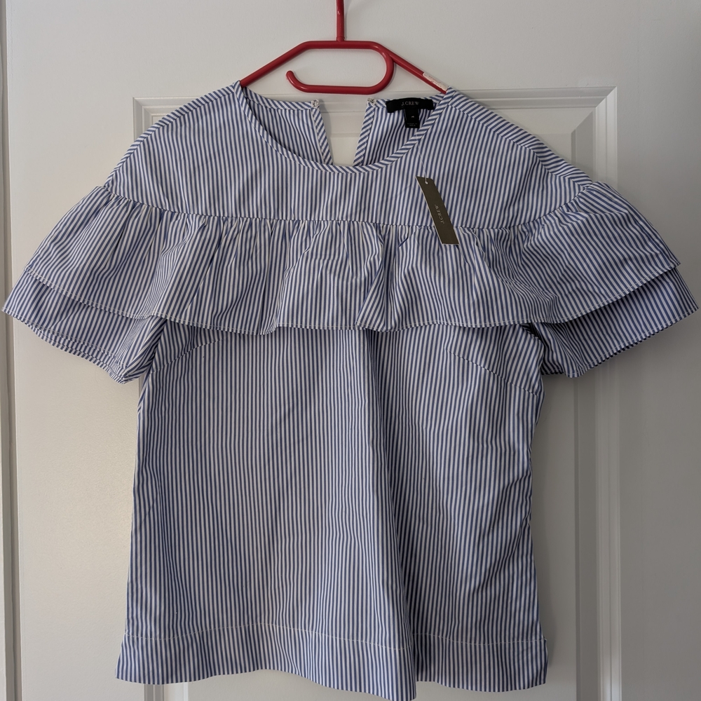 J.Crew Striped Blue Ruffle Top